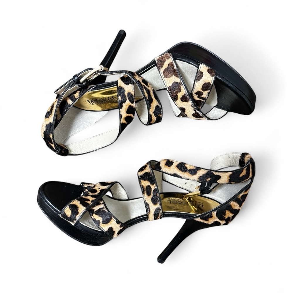 Michael Kors Evie Hair Calf Cheetah Print  Platform Sandals Stilettos Heels Sz 6 - Picture 4 of 12